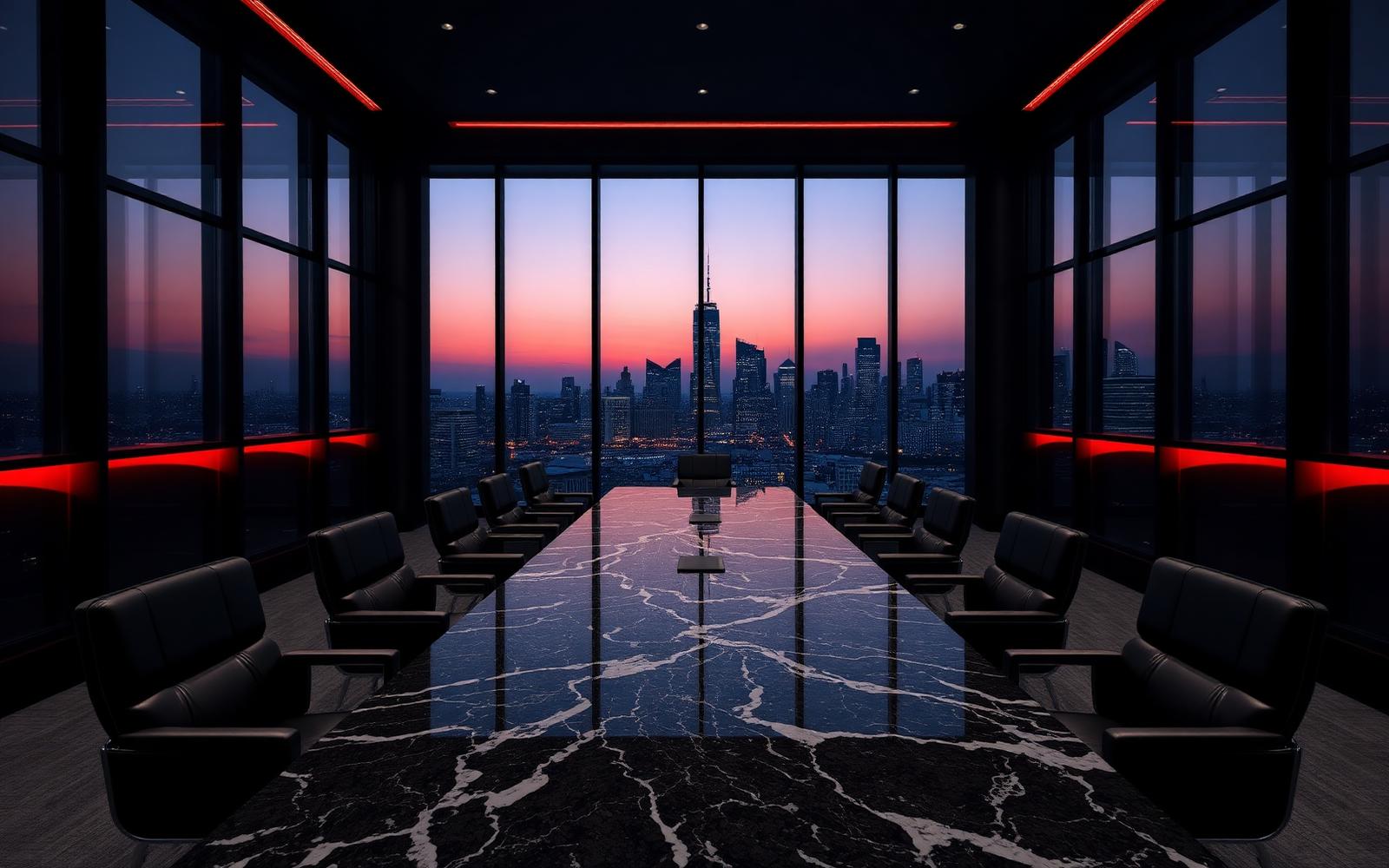 Dark luxury boardroom overlooking a city skyline at night