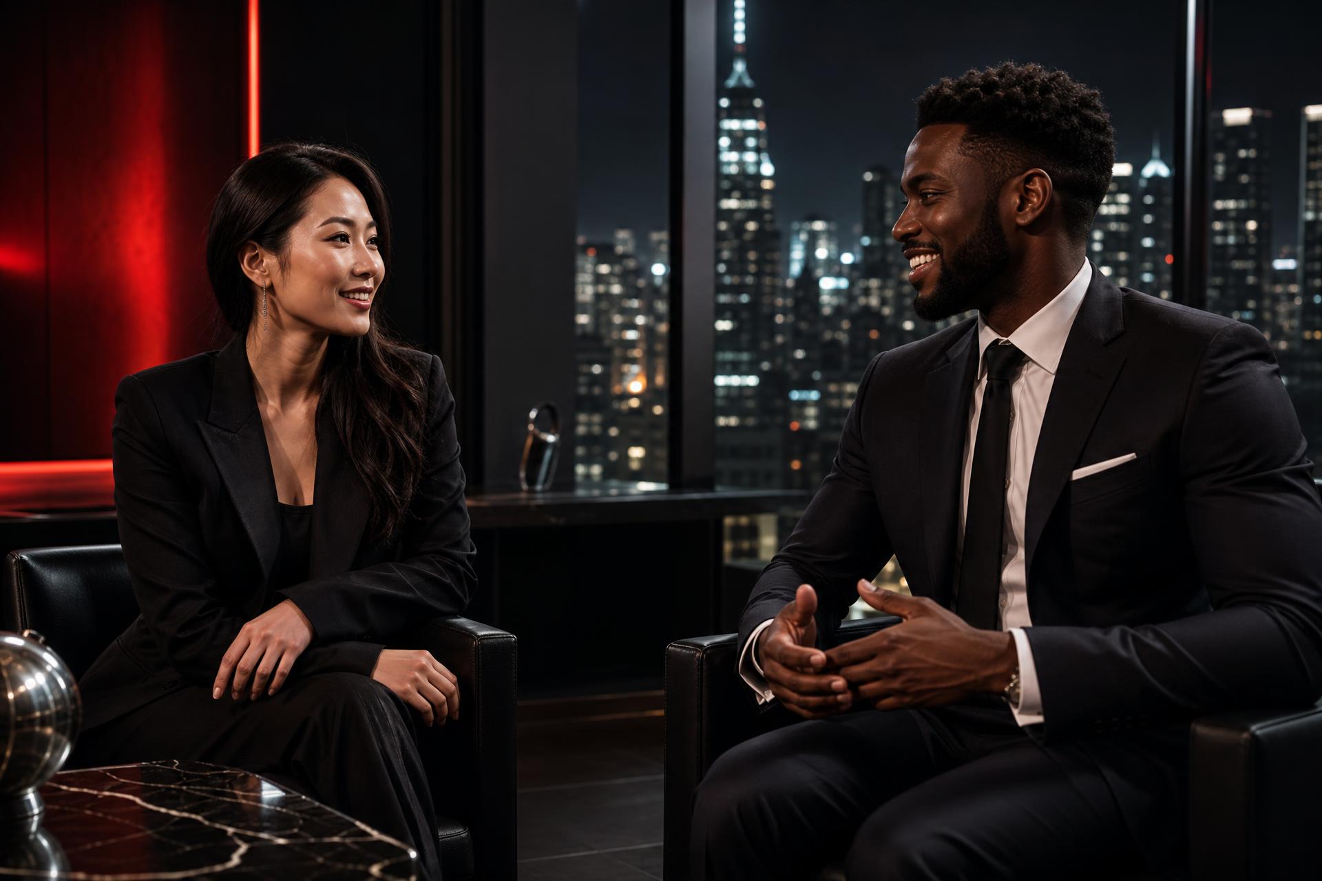 Two polished Direct Access Management executives conversing in a dark luxury agency office overlooking the city at night