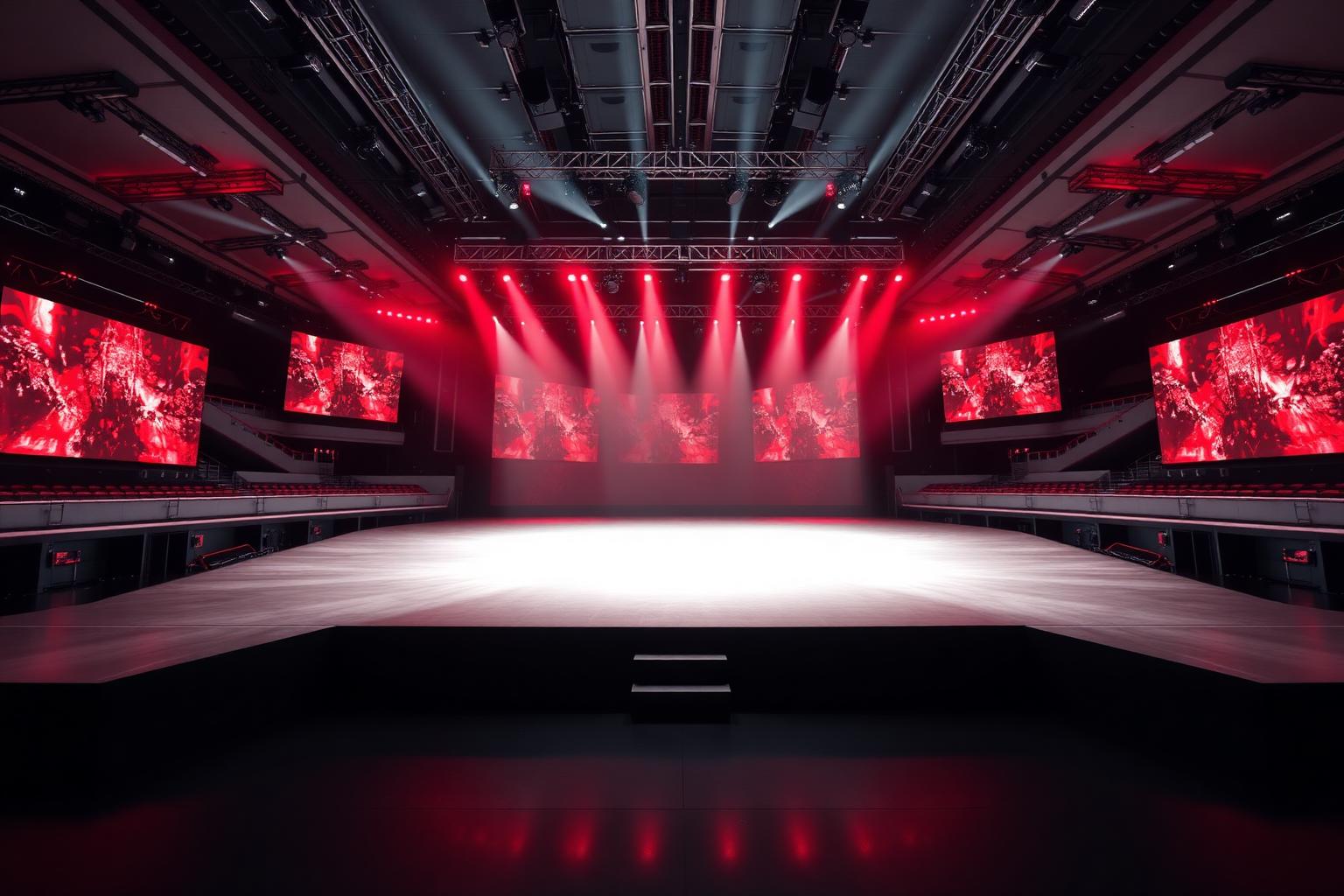 Empty modern concert arena stage with red and silver lighting, no people