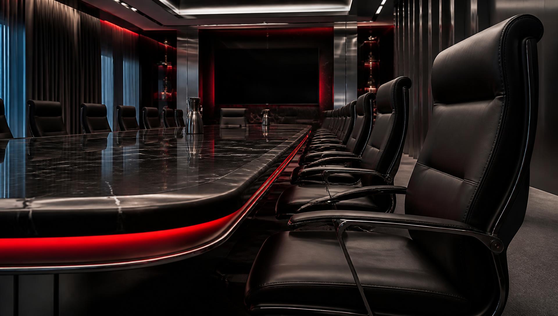 Luxury executive boardroom with leather chairs and red accent lighting