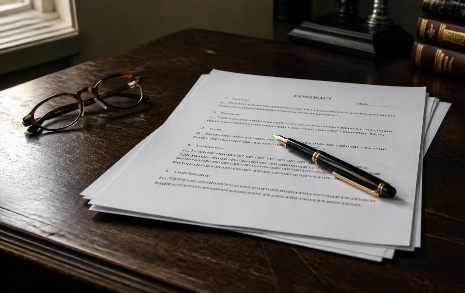 Signing a contract under a spotlight on a black desk