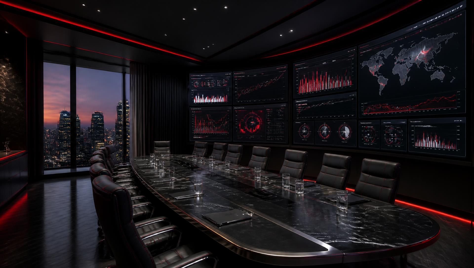 Luxury data and strategy command center with curved analytics screens, black marble table and red accent lighting