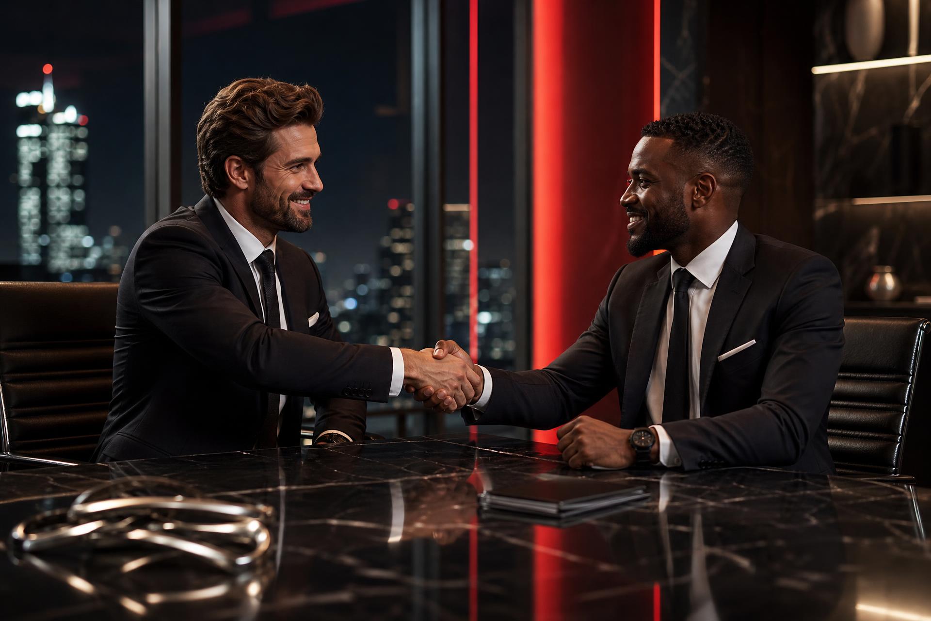 Two polished executives shaking hands across a dark marble boardroom table at night