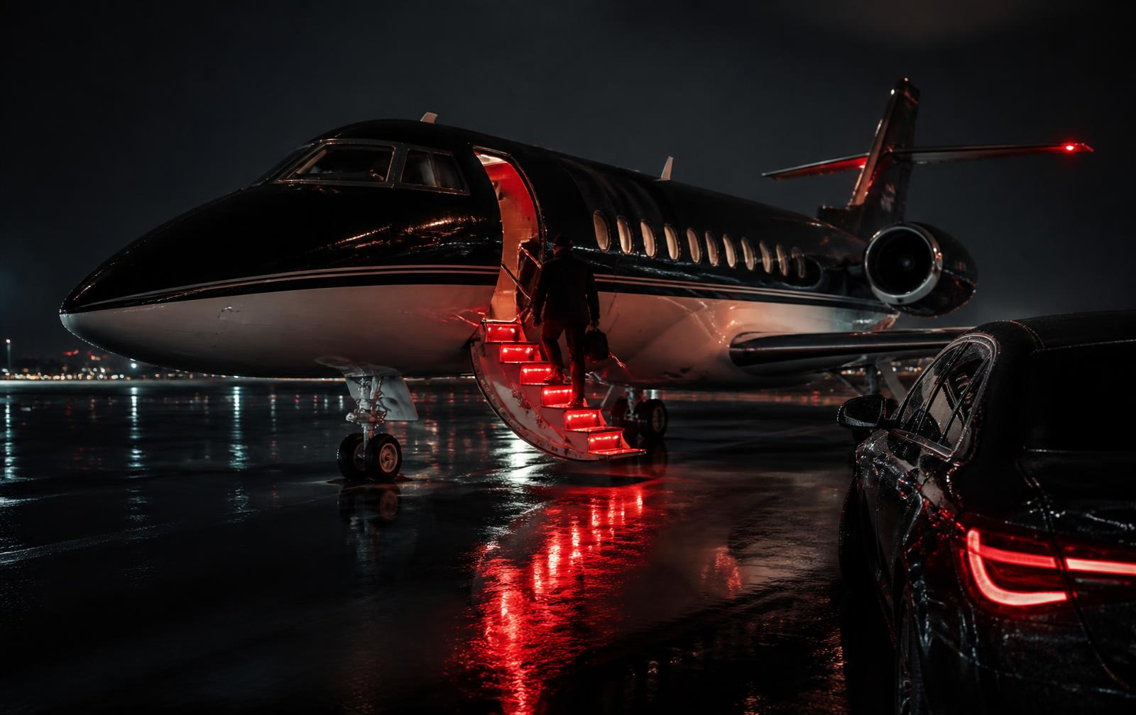 Private jet on a night runway with red-lit boarding stairs