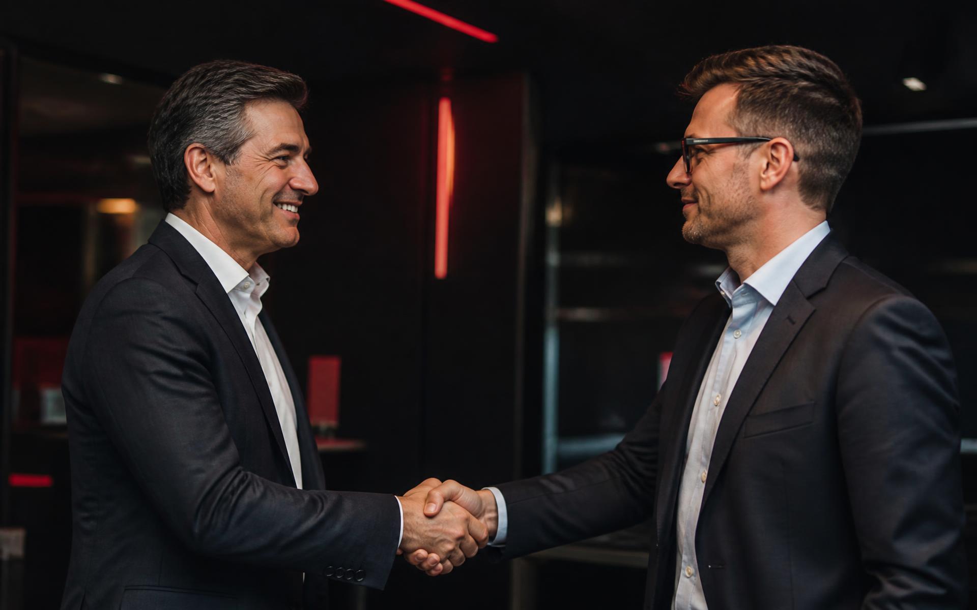 Colleagues shaking hands across a dark boardroom table