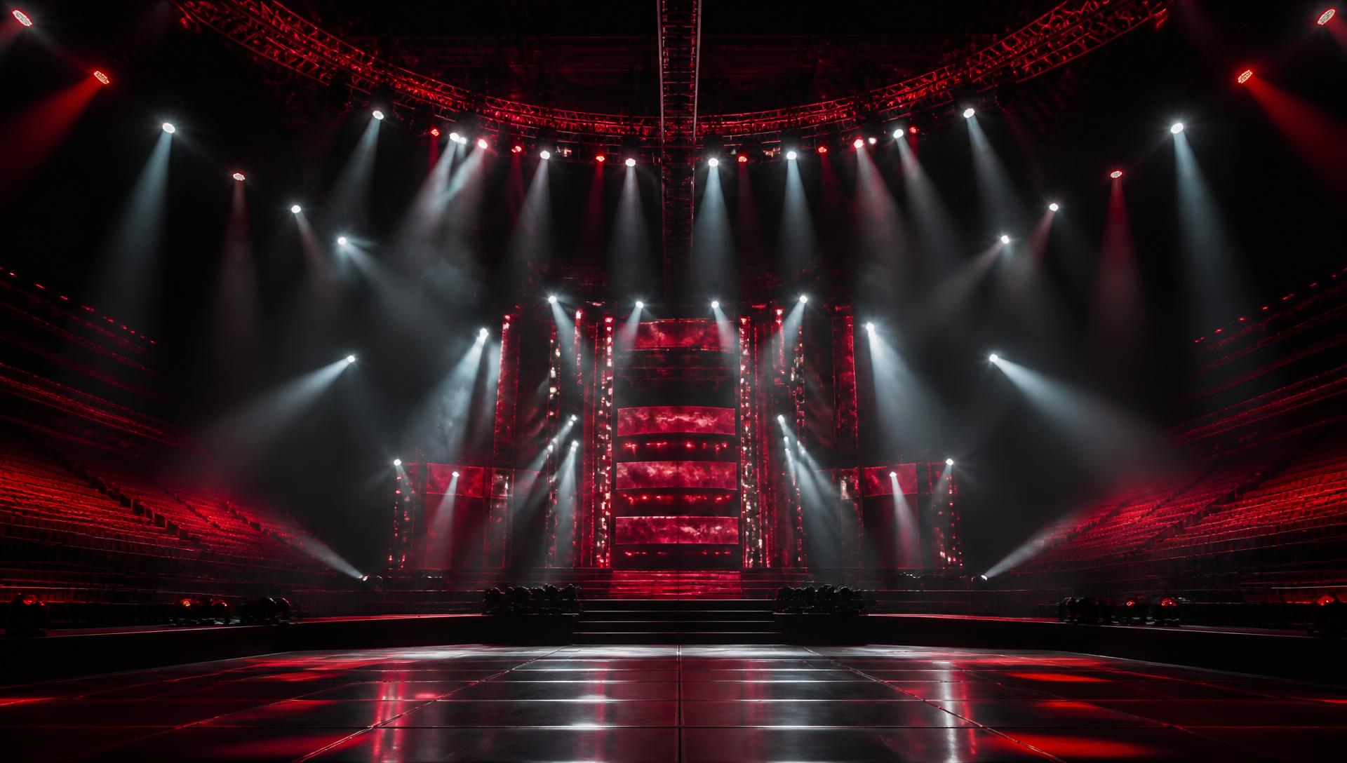 Artist performing under red arena lights